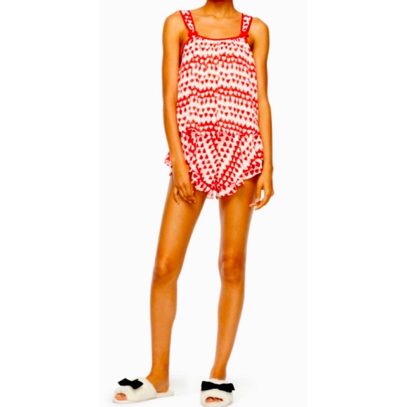 Kate Spade Red & White Dream A Little Dream Heart Print Sleep Romper, Size Large - Picture 1 of 10